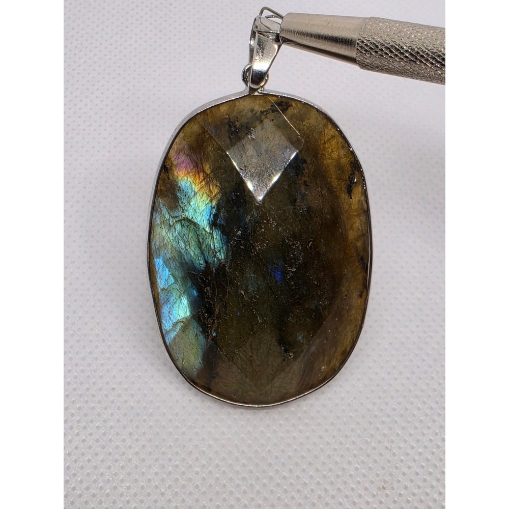 Large‎ Faceted Labradorite Pendant Blue Flash Gemstone Silver Bezel Pendant